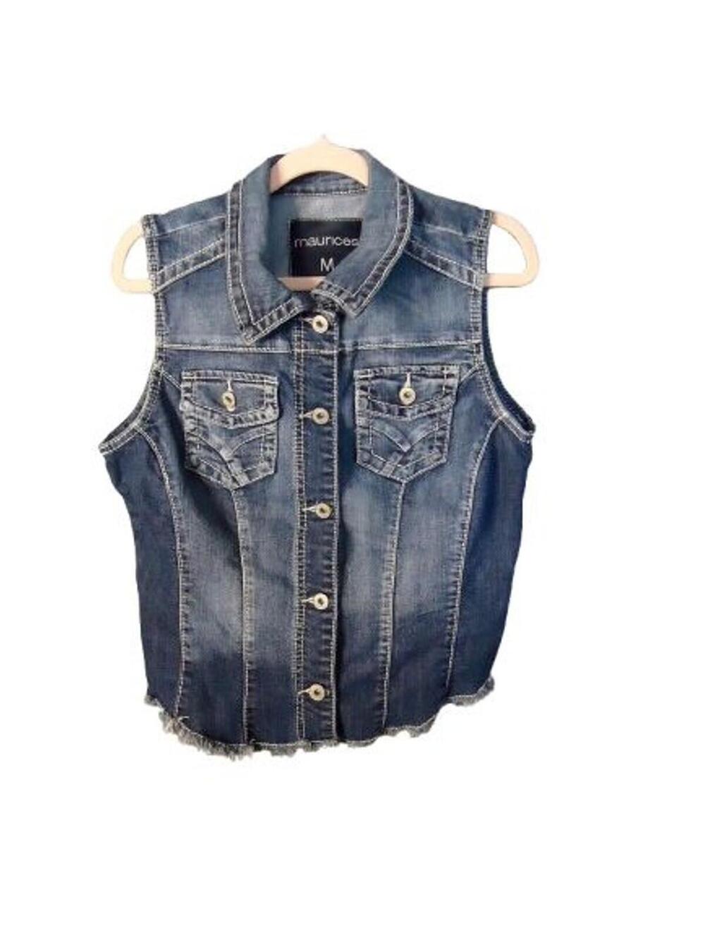 Maurices Distressed Frayed Stretch Button Up Sleeveless Denim Vest Size Medium
